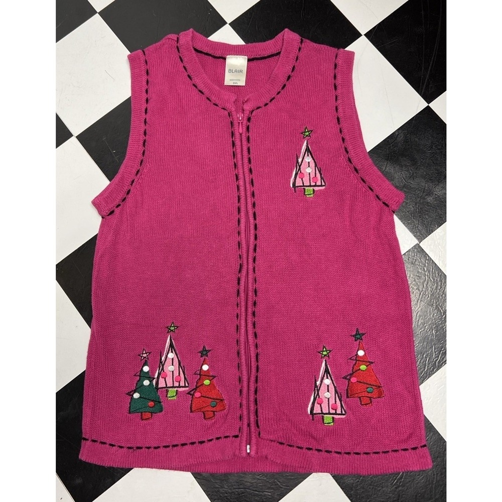 Womens Christmas Trees Winter‎ Vest Sweater Small Granny Embroidered Colorful